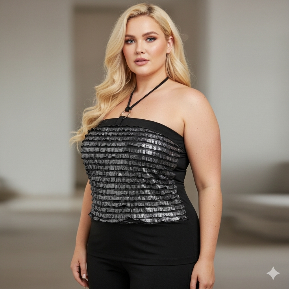 MXM 1X O-Ring Ruffled Halter Top Metallic Silver & Black